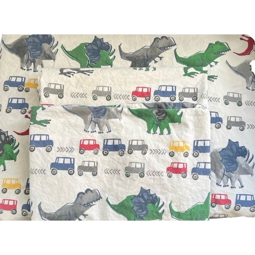 Pottery Barn Kids Dinoland Trucks Full Sheet & Pillowcases 3 PC Green Blue Gray